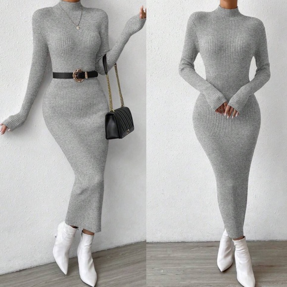 Sexy mock neck ribbed long sleeve bodycon fitted maxi sweater dress - Picture 7 of 16